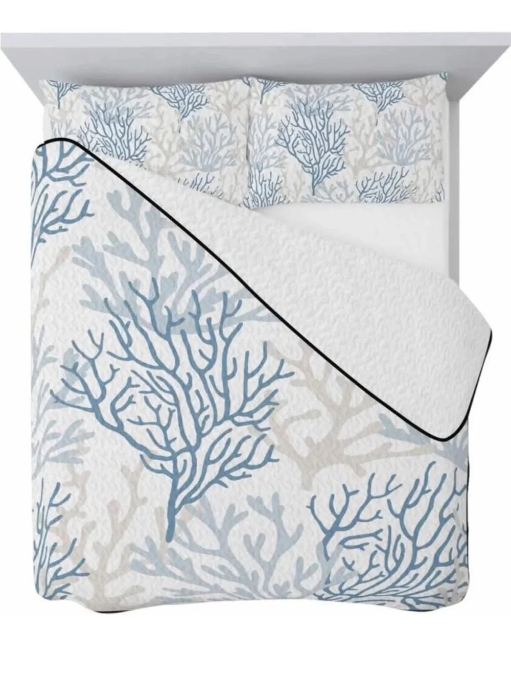 King Size Quilt Set, Ocean Blue Coral Seamless White Lightweight Bedspread Cover